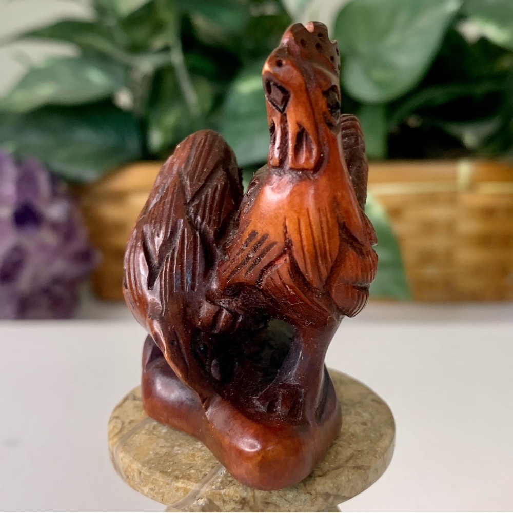 Boxwood Rooster Netsuke Hand Carved Chicken Hen & Chick Wood Animal Carving VTG - Picture 3 of 11